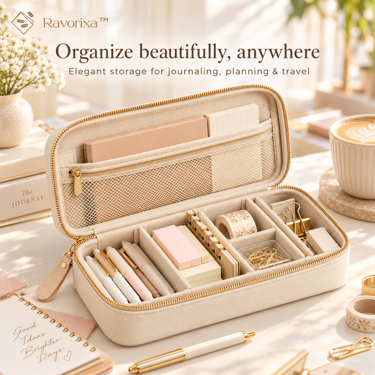 Ravorixa™ Atelier Carry – Elegant Portable Stationery Organizer, Premium Zippered Desk Accessories Storage Case with Adjustable Dividers for Journaling & Travel