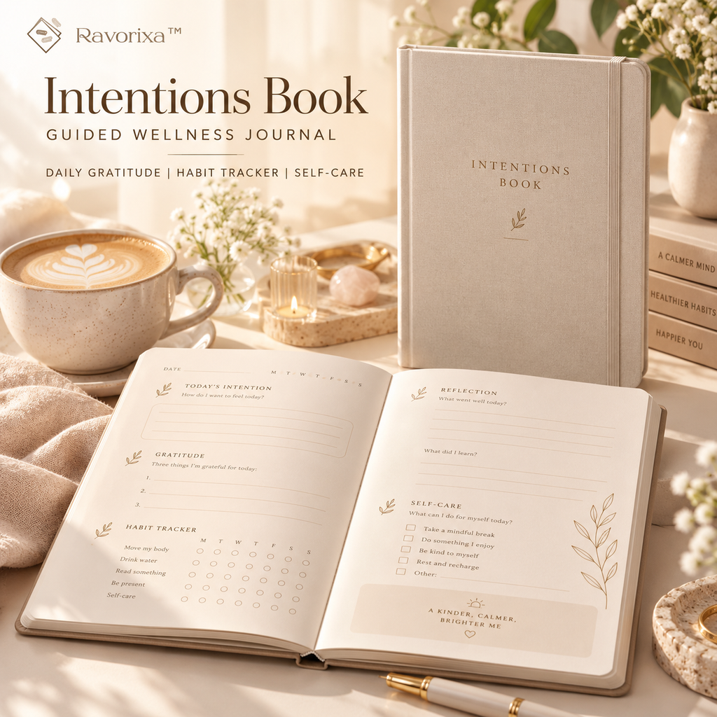 Ravorixa™ Intentions Book – Minimalist Guided Wellness Journal, Daily Gratitude Planner with Habit Tracker, Reflection Prompts & Self-Care Pages
