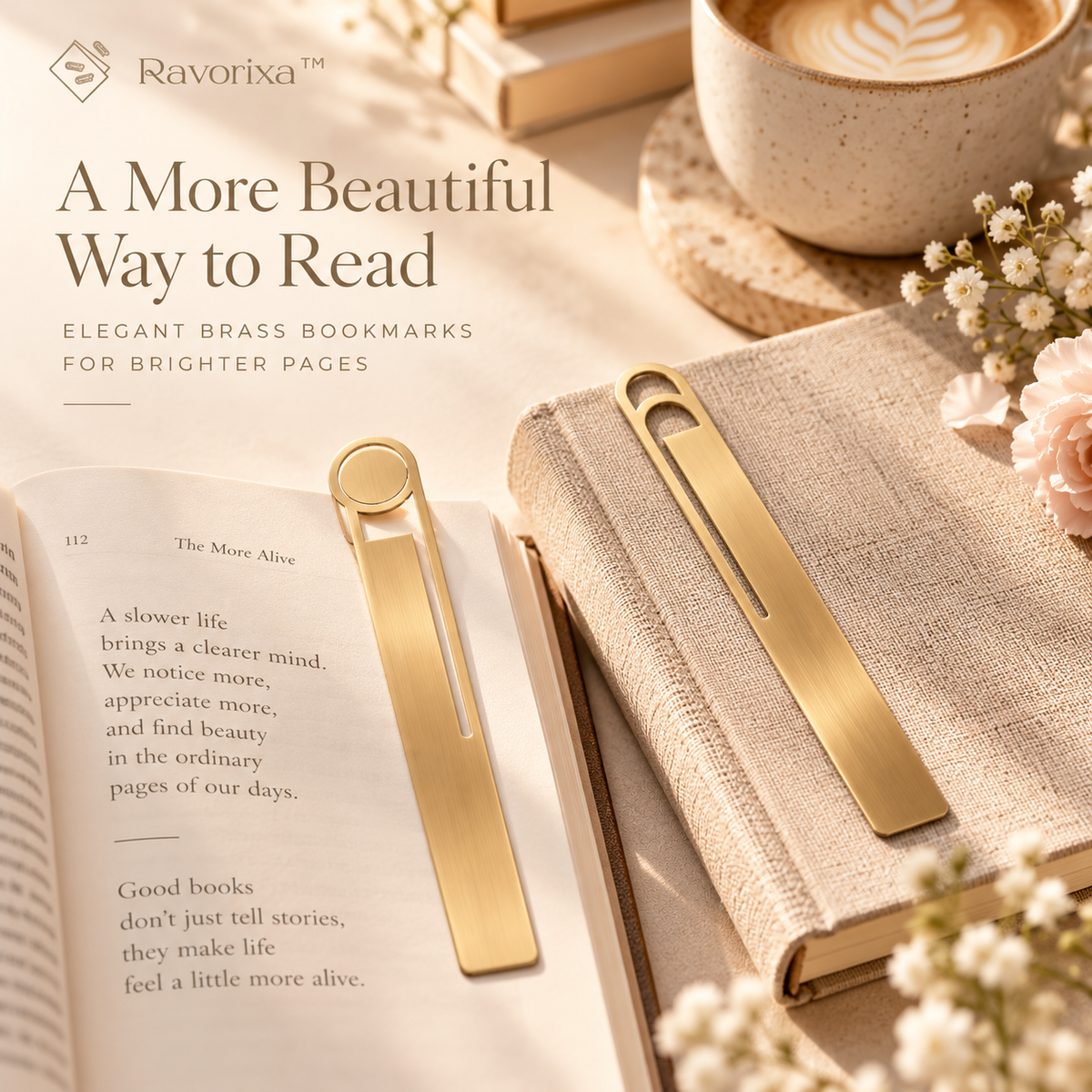 Ravorixa™ Aurelia Page – Elegant Brushed Brass Bookmark Set of 2, Minimalist Metal Page Markers with Slim Geometric Design for Reading & Journaling