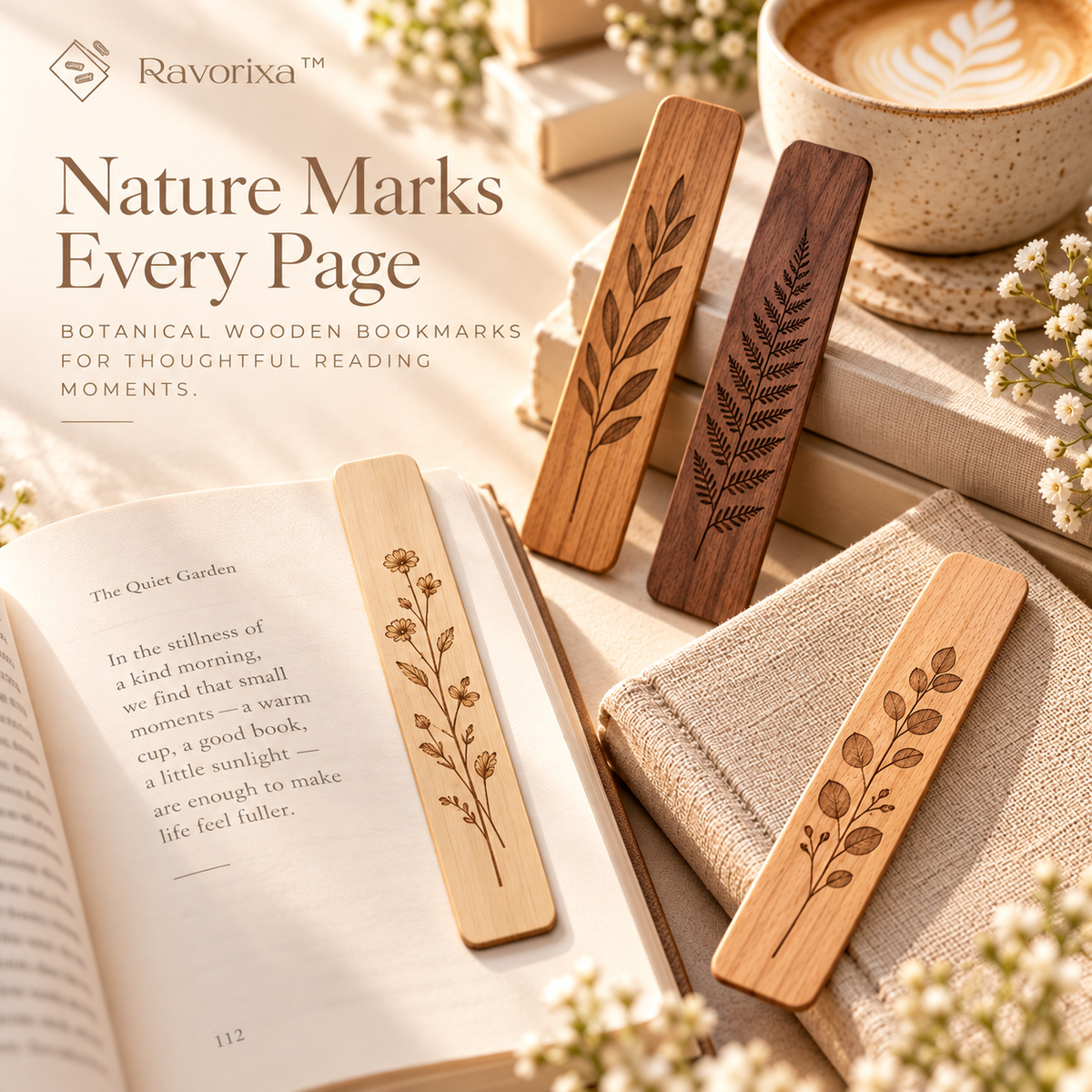 Ravorixa™ Flora Mark – Botanical Engraved Wooden Bookmark Set of 4, Minimalist Nature-Inspired Page Markers for Books, Journals & Thoughtful Gifts