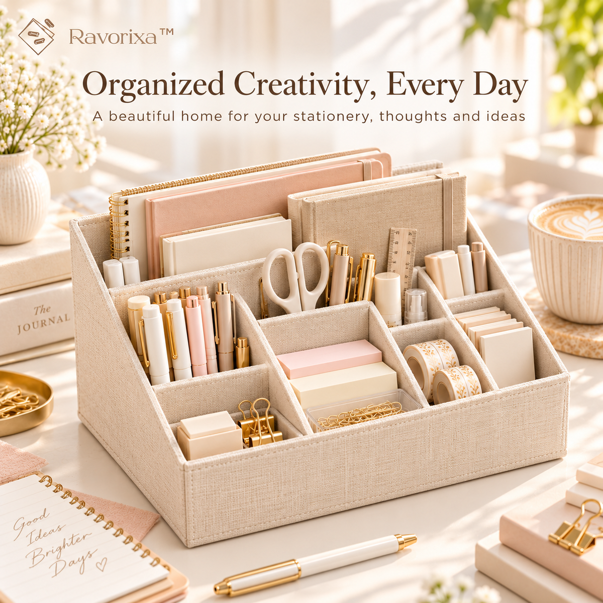 Ravorixa™ Linen Nest – Premium Fabric Desktop Organizer, Minimalist Multi-Compartment Stationery Storage Box for Office Supplies, Journals & Creative Tools