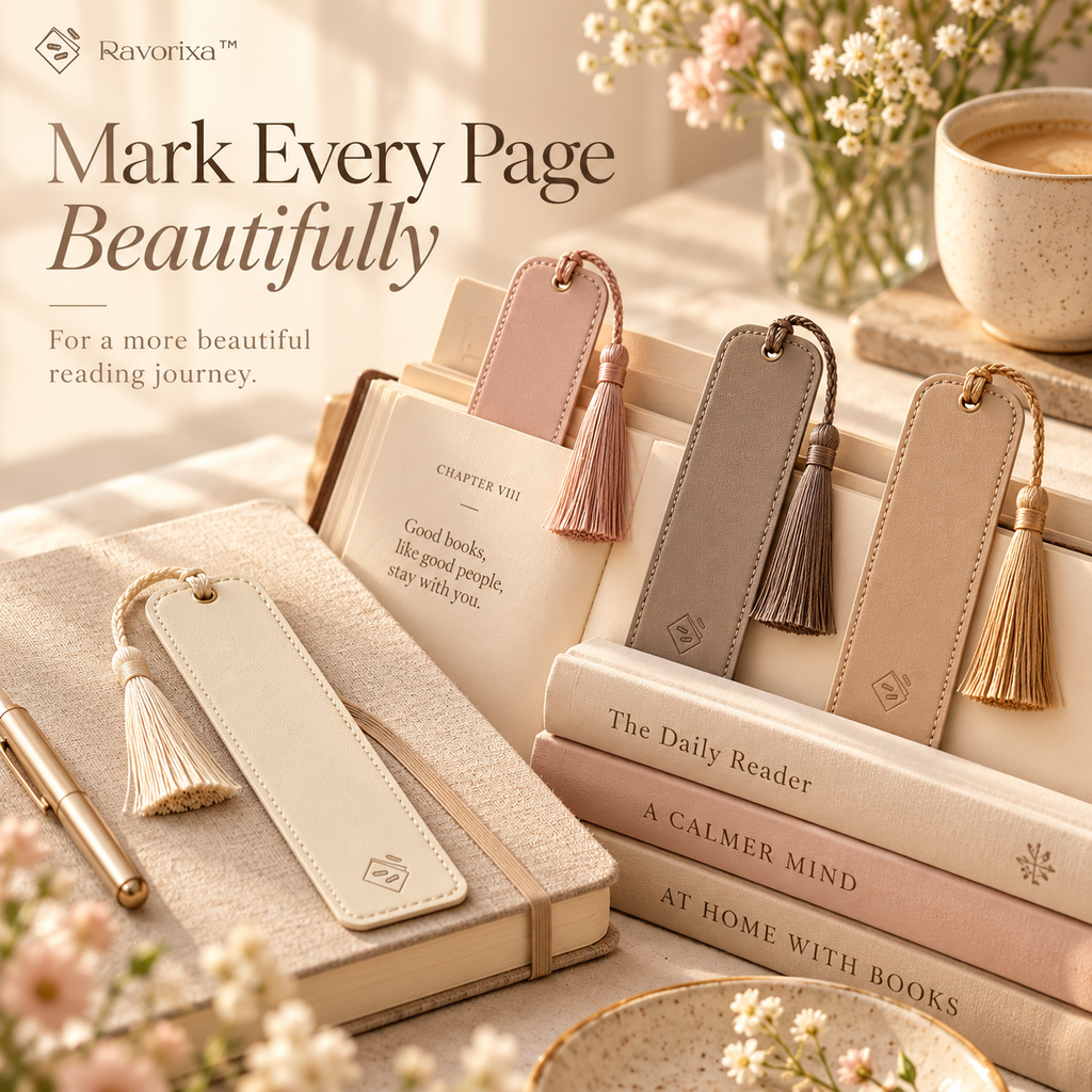 Ravorixa™ Haven Mark – Premium Faux Leather Bookmark Set of 4, Minimalist Neutral-Tone Page Holders with Tassel Detail for Readers & Book Lovers