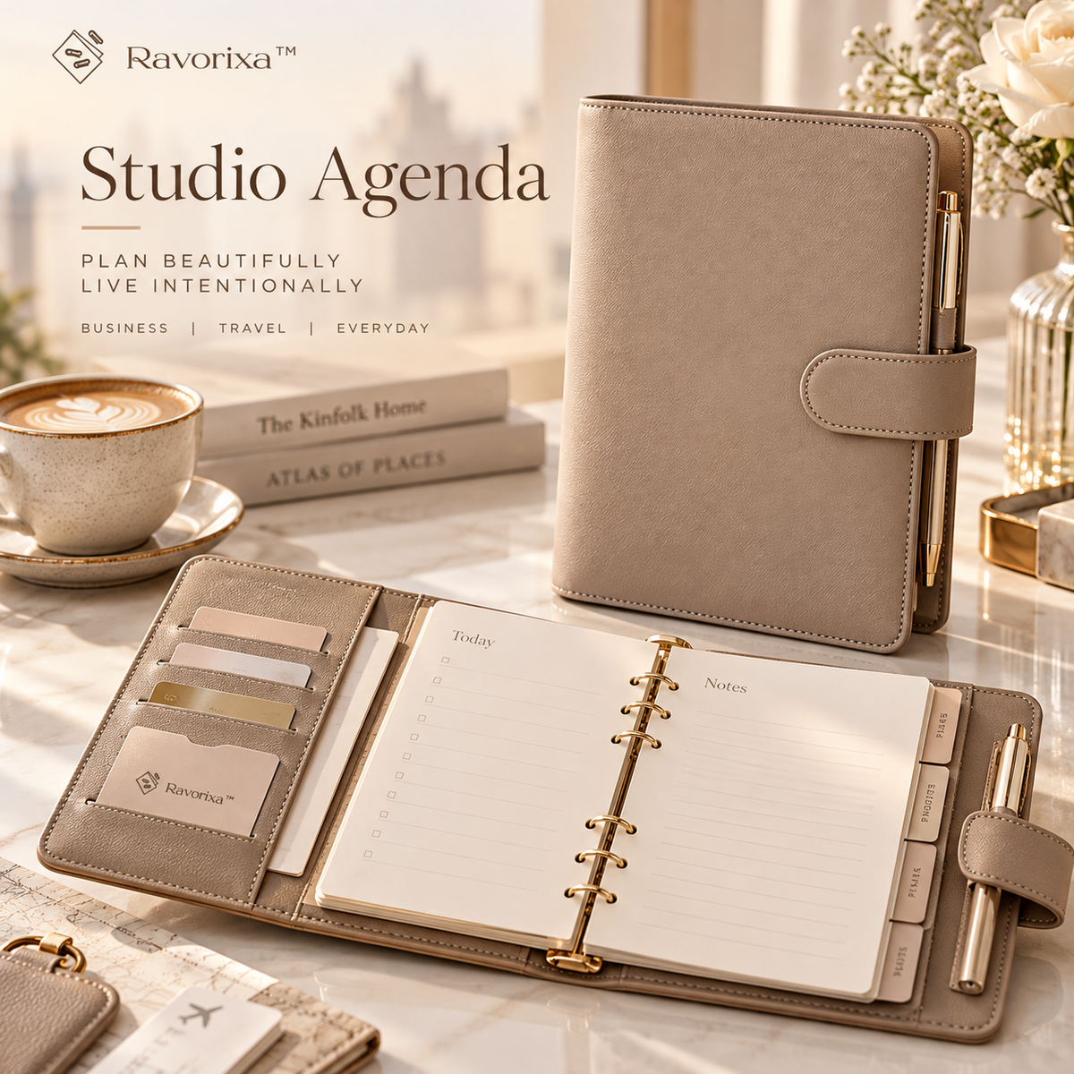 Ravorixa™ Studio Agenda – Premium A5 Refillable Planner, Elegant Faux Leather Notebook Organizer with Card Pockets & Pen Loop for Business & Travel
