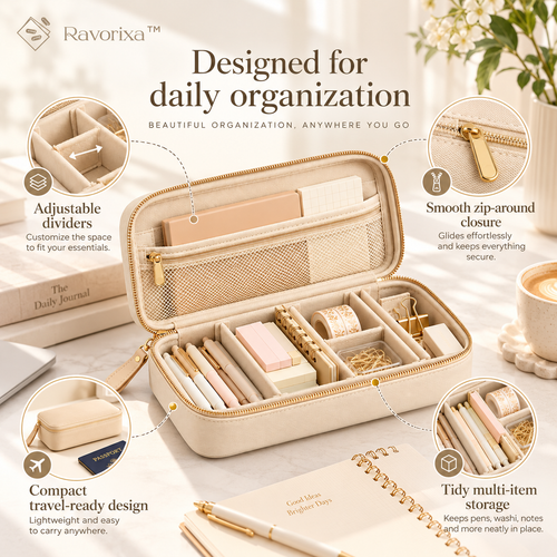 Ravorixa™ Atelier Carry – Elegant Portable Stationery Organizer, Premium Zippered Desk Accessories Storage Case with Adjustable Dividers for Journaling & Travel