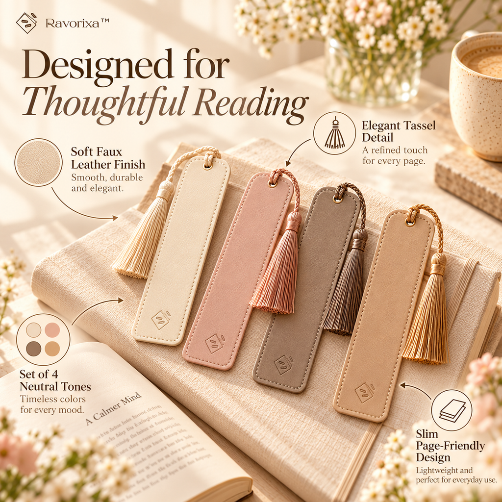 Ravorixa™ Haven Mark – Premium Faux Leather Bookmark Set of 4, Minimalist Neutral-Tone Page Holders with Tassel Detail for Readers & Book Lovers