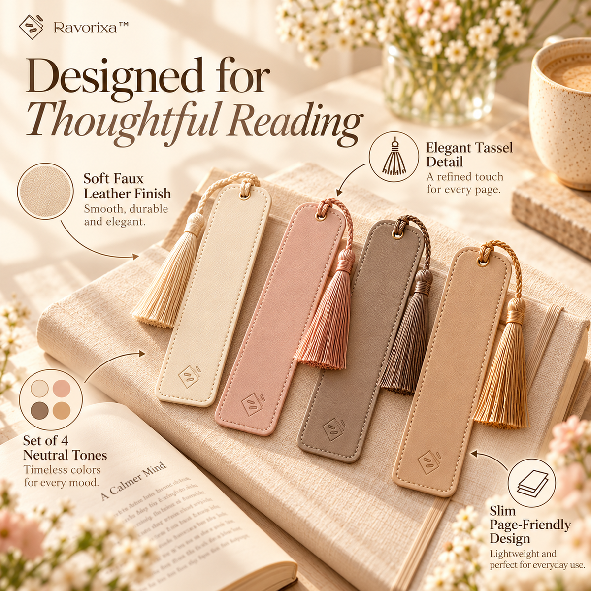 Ravorixa™ Haven Mark – Premium Faux Leather Bookmark Set of 4, Minimalist Neutral-Tone Page Holders with Tassel Detail for Readers & Book Lovers