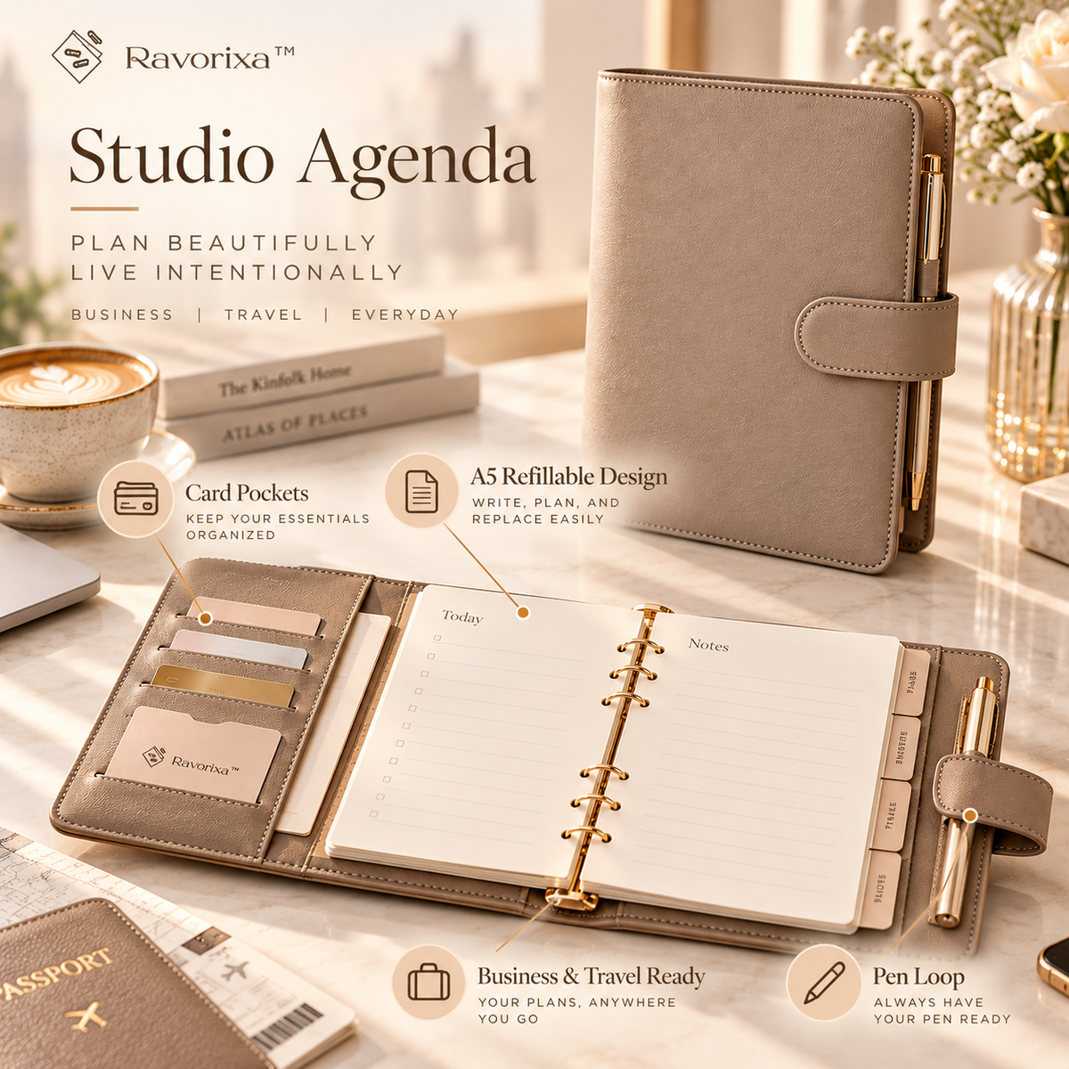 Ravorixa™ Studio Agenda – Premium A5 Refillable Planner, Elegant Faux Leather Notebook Organizer with Card Pockets & Pen Loop for Business & Travel