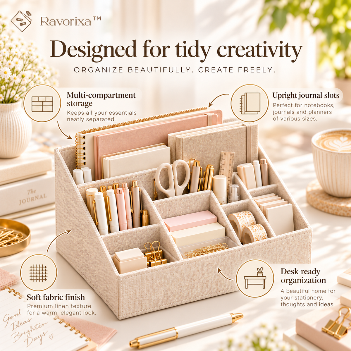 Ravorixa™ Linen Nest – Premium Fabric Desktop Organizer, Minimalist Multi-Compartment Stationery Storage Box for Office Supplies, Journals & Creative Tools