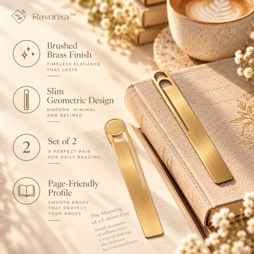 Ravorixa™ Aurelia Page – Elegant Brushed Brass Bookmark Set of 2, Minimalist Metal Page Markers with Slim Geometric Design for Reading & Journaling