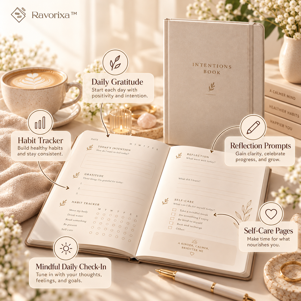 Ravorixa™ Intentions Book – Minimalist Guided Wellness Journal, Daily Gratitude Planner with Habit Tracker, Reflection Prompts & Self-Care Pages