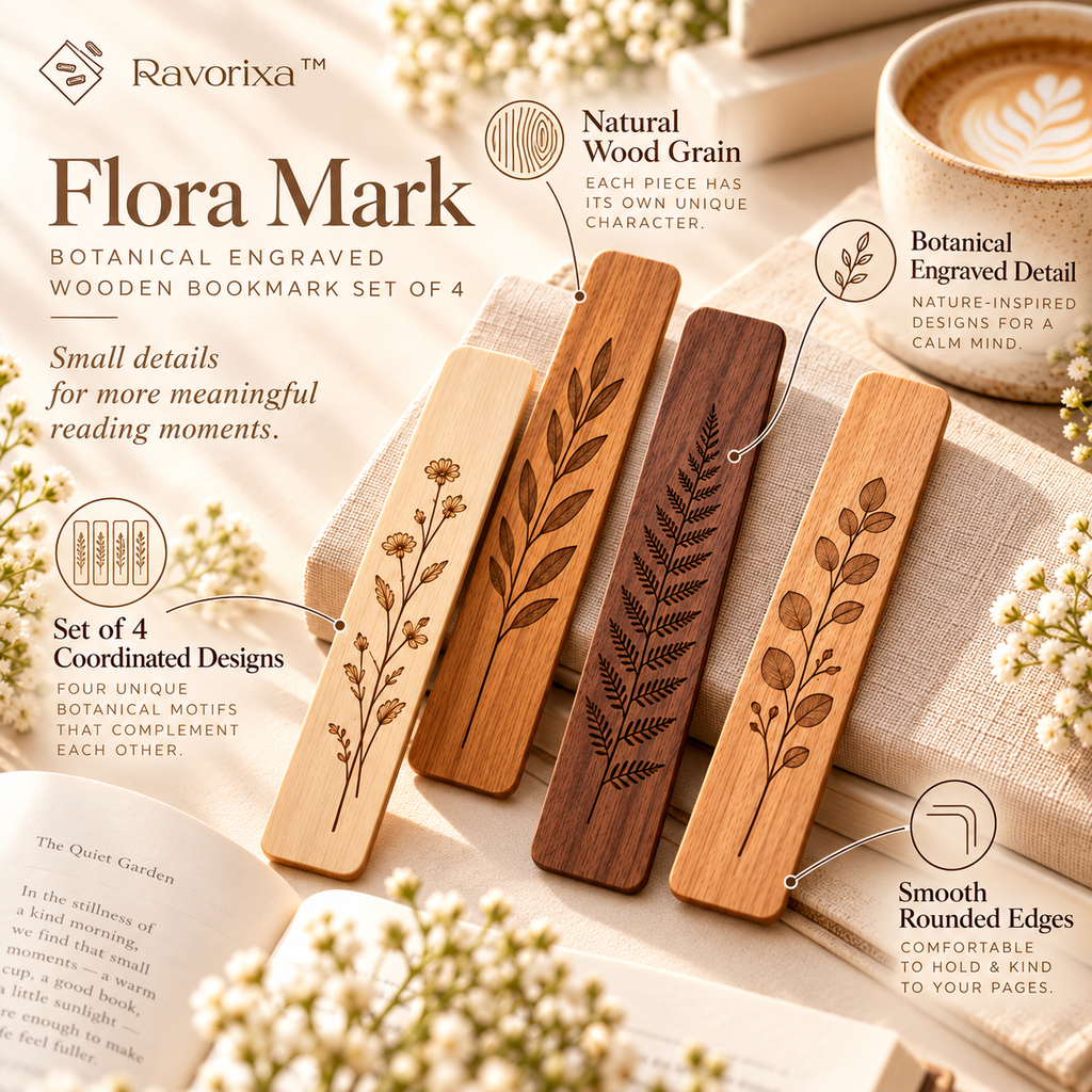Ravorixa™ Flora Mark – Botanical Engraved Wooden Bookmark Set of 4, Minimalist Nature-Inspired Page Markers for Books, Journals & Thoughtful Gifts