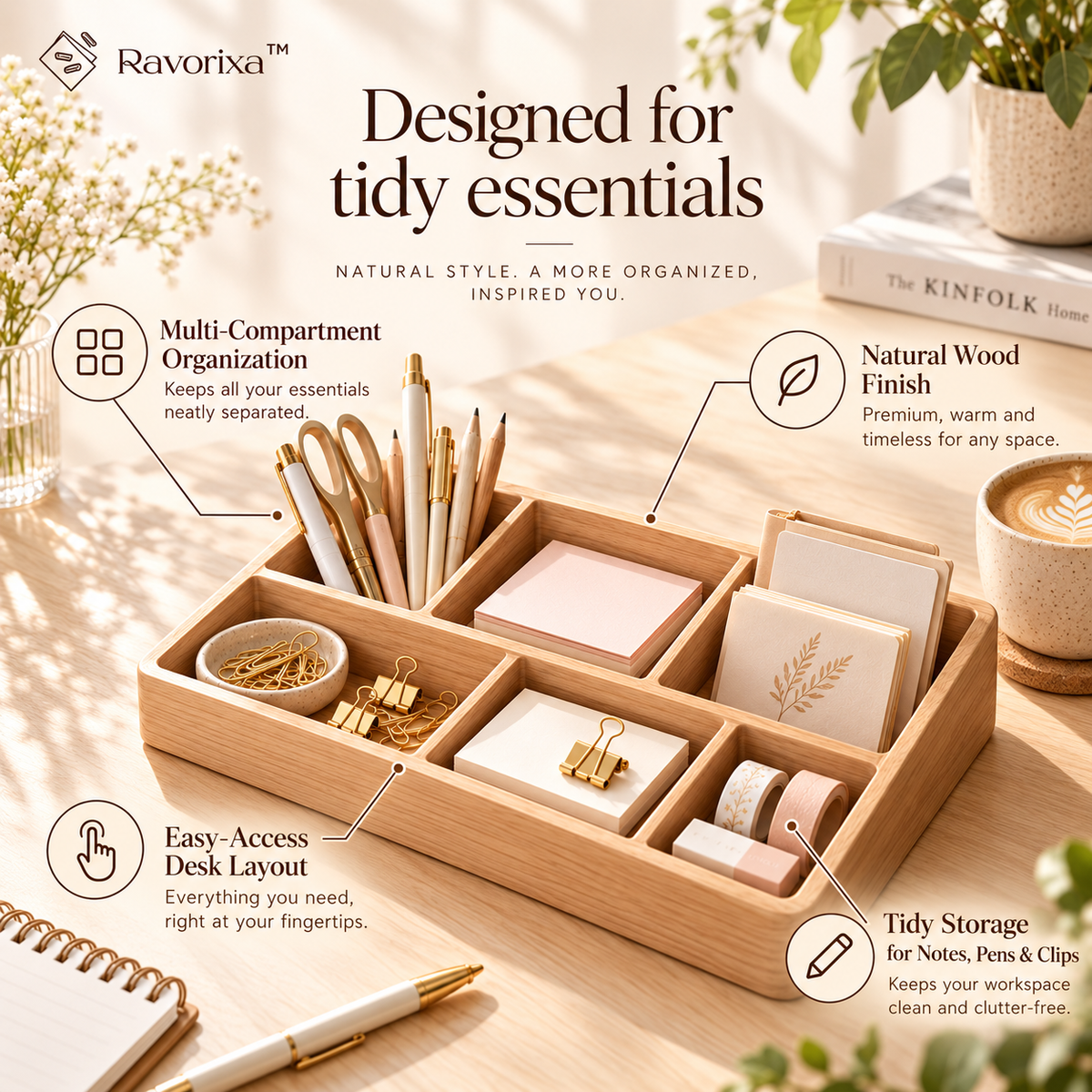 Ravorixa™ Willow Tray – Minimalist Wooden Desk Organizer, Natural Wood Stationery Storage Tray for Pens, Sticky Notes, Paper Clips & Home Office Accessories