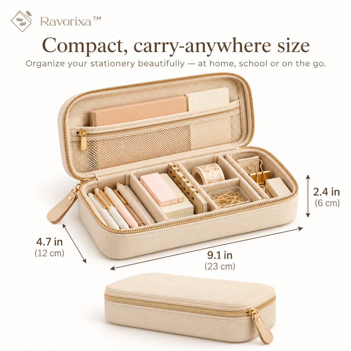 Ravorixa™ Atelier Carry – Elegant Portable Stationery Organizer, Premium Zippered Desk Accessories Storage Case with Adjustable Dividers for Journaling & Travel