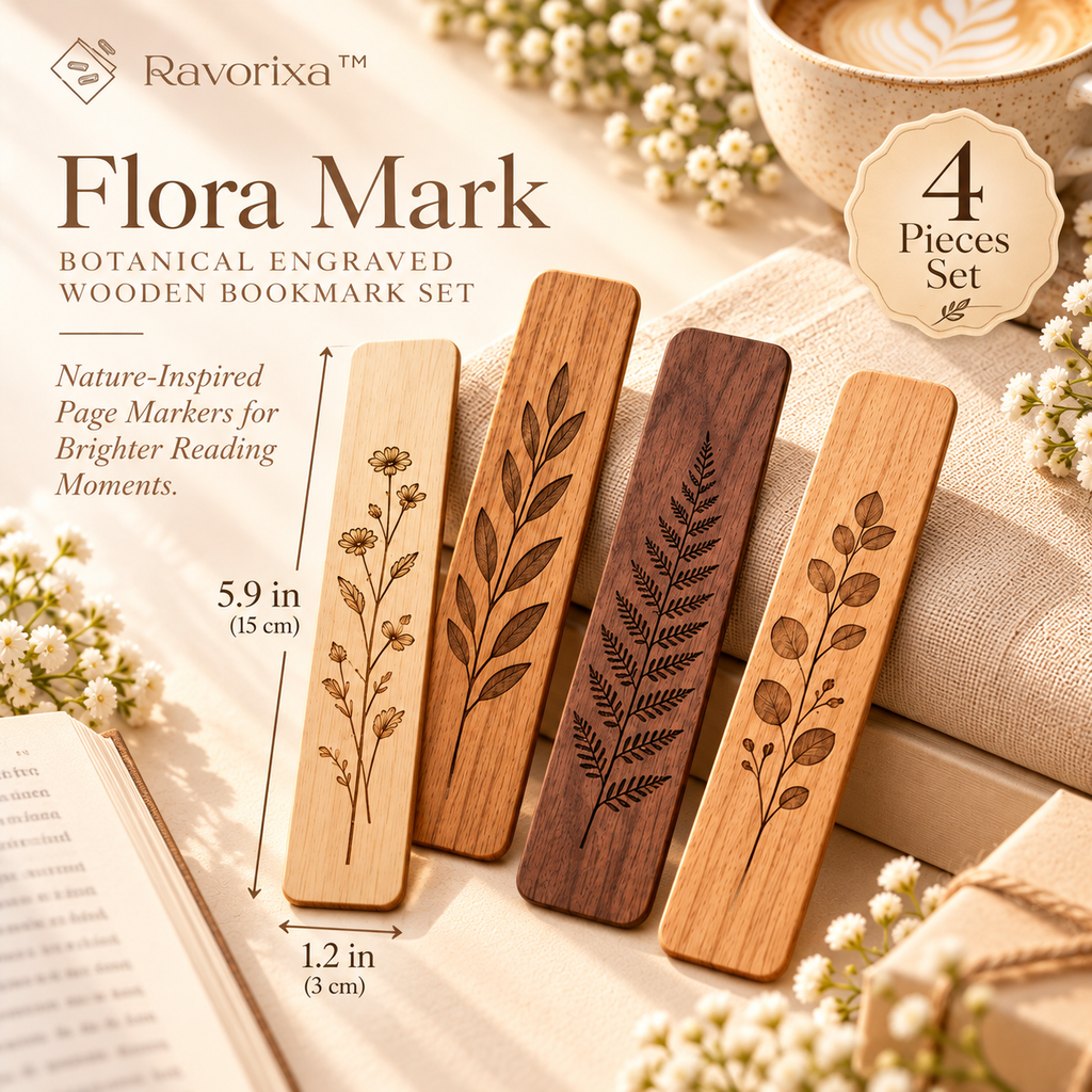 Ravorixa™ Flora Mark – Botanical Engraved Wooden Bookmark Set of 4, Minimalist Nature-Inspired Page Markers for Books, Journals & Thoughtful Gifts