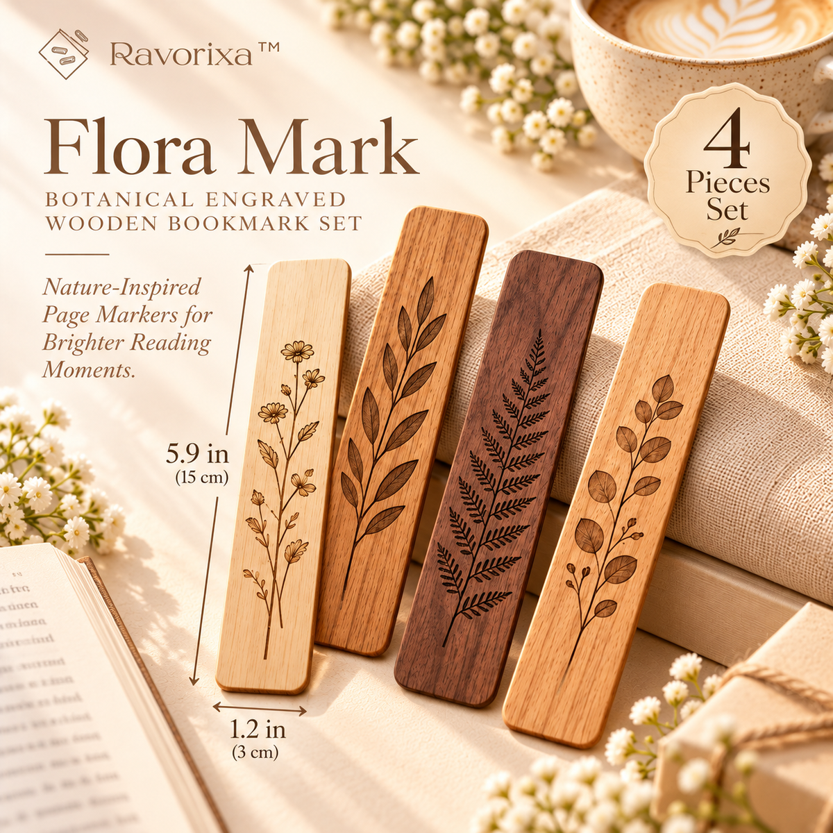 Ravorixa™ Flora Mark – Botanical Engraved Wooden Bookmark Set of 4, Minimalist Nature-Inspired Page Markers for Books, Journals & Thoughtful Gifts