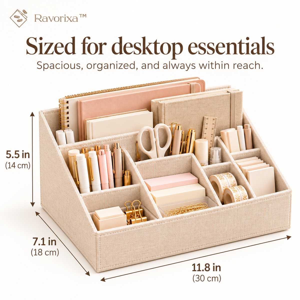 Ravorixa™ Linen Nest – Premium Fabric Desktop Organizer, Minimalist Multi-Compartment Stationery Storage Box for Office Supplies, Journals & Creative Tools
