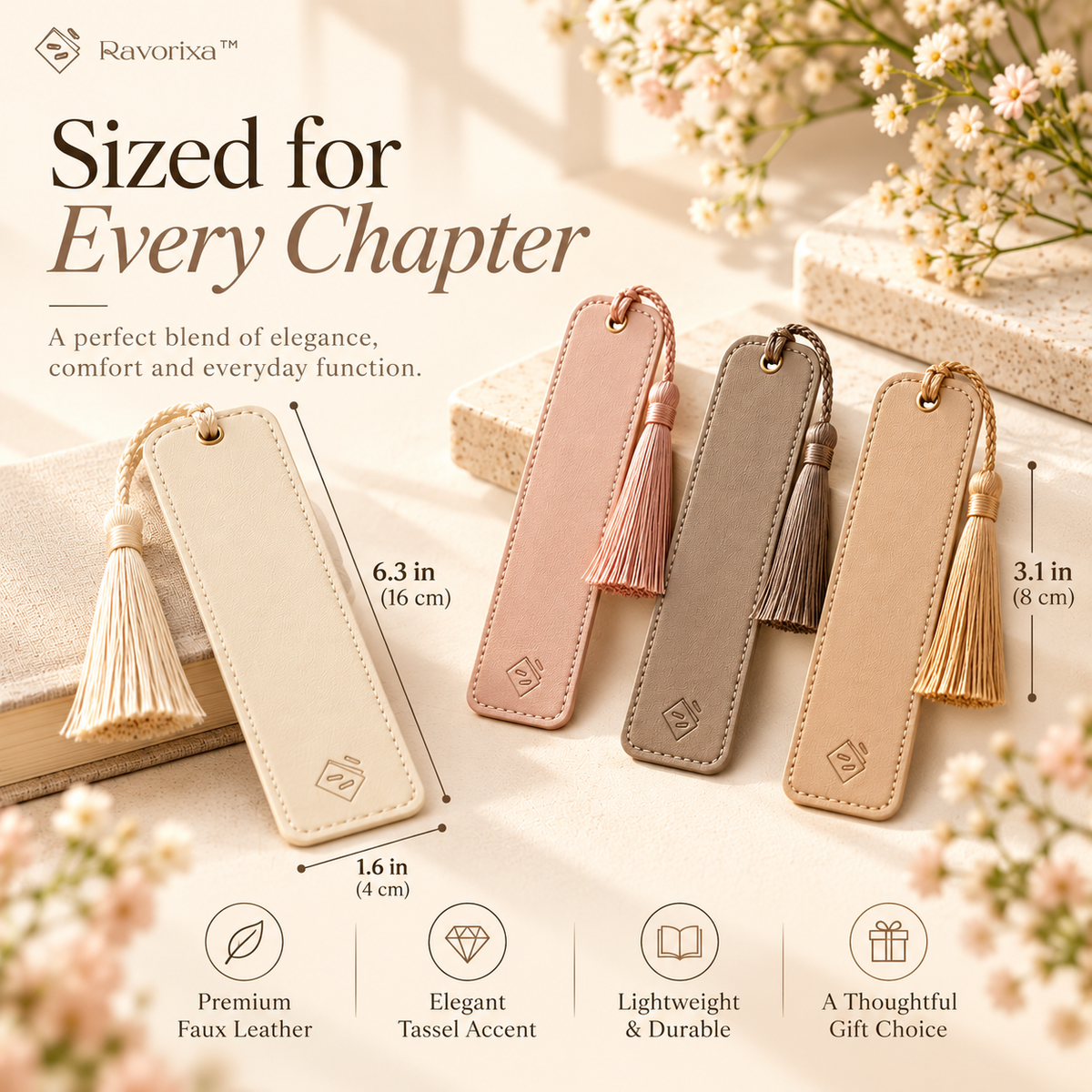 Ravorixa™ Haven Mark – Premium Faux Leather Bookmark Set of 4, Minimalist Neutral-Tone Page Holders with Tassel Detail for Readers & Book Lovers