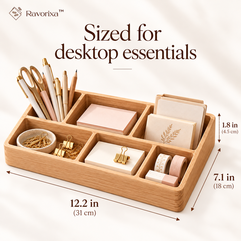 Ravorixa™ Willow Tray – Minimalist Wooden Desk Organizer, Natural Wood Stationery Storage Tray for Pens, Sticky Notes, Paper Clips & Home Office Accessories