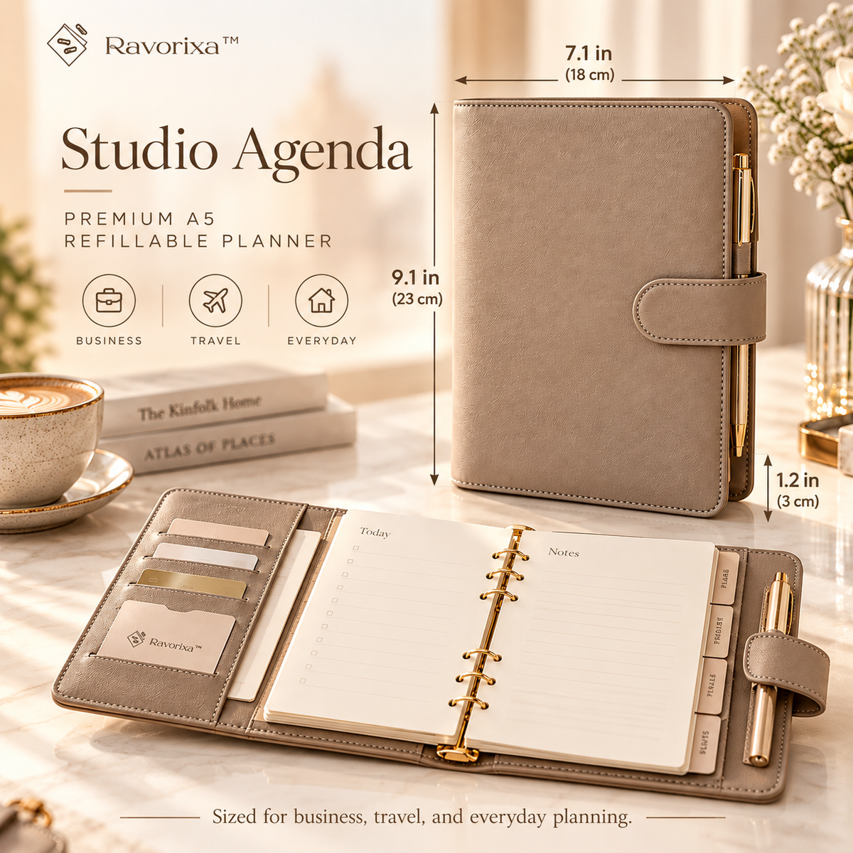 Ravorixa™ Studio Agenda – Premium A5 Refillable Planner, Elegant Faux Leather Notebook Organizer with Card Pockets & Pen Loop for Business & Travel
