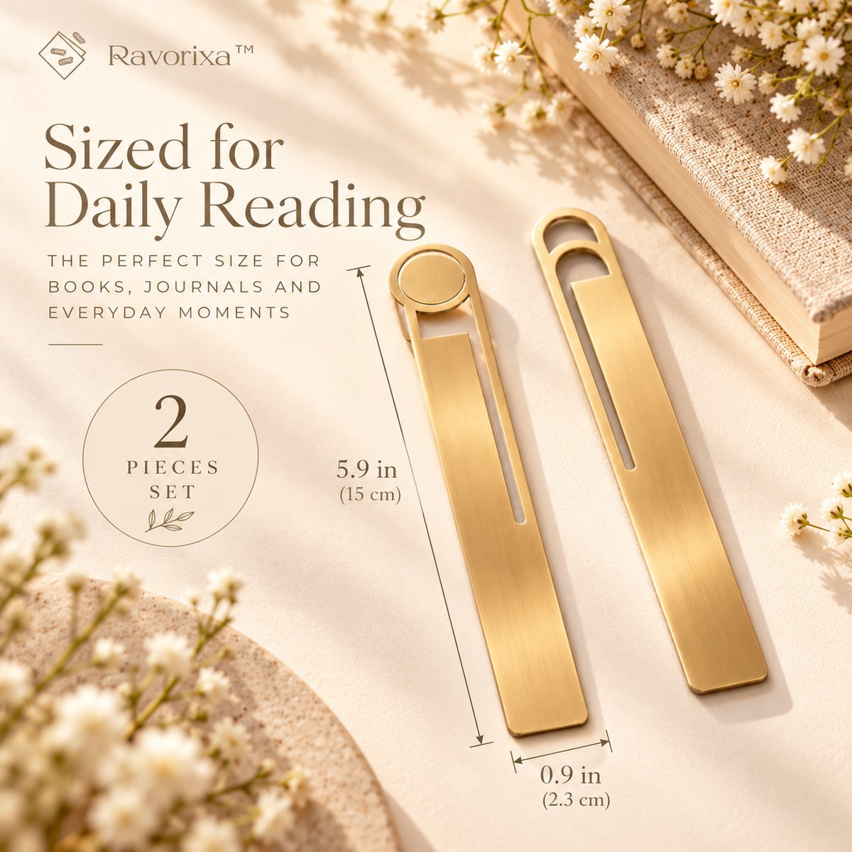 Ravorixa™ Aurelia Page – Elegant Brushed Brass Bookmark Set of 2, Minimalist Metal Page Markers with Slim Geometric Design for Reading & Journaling