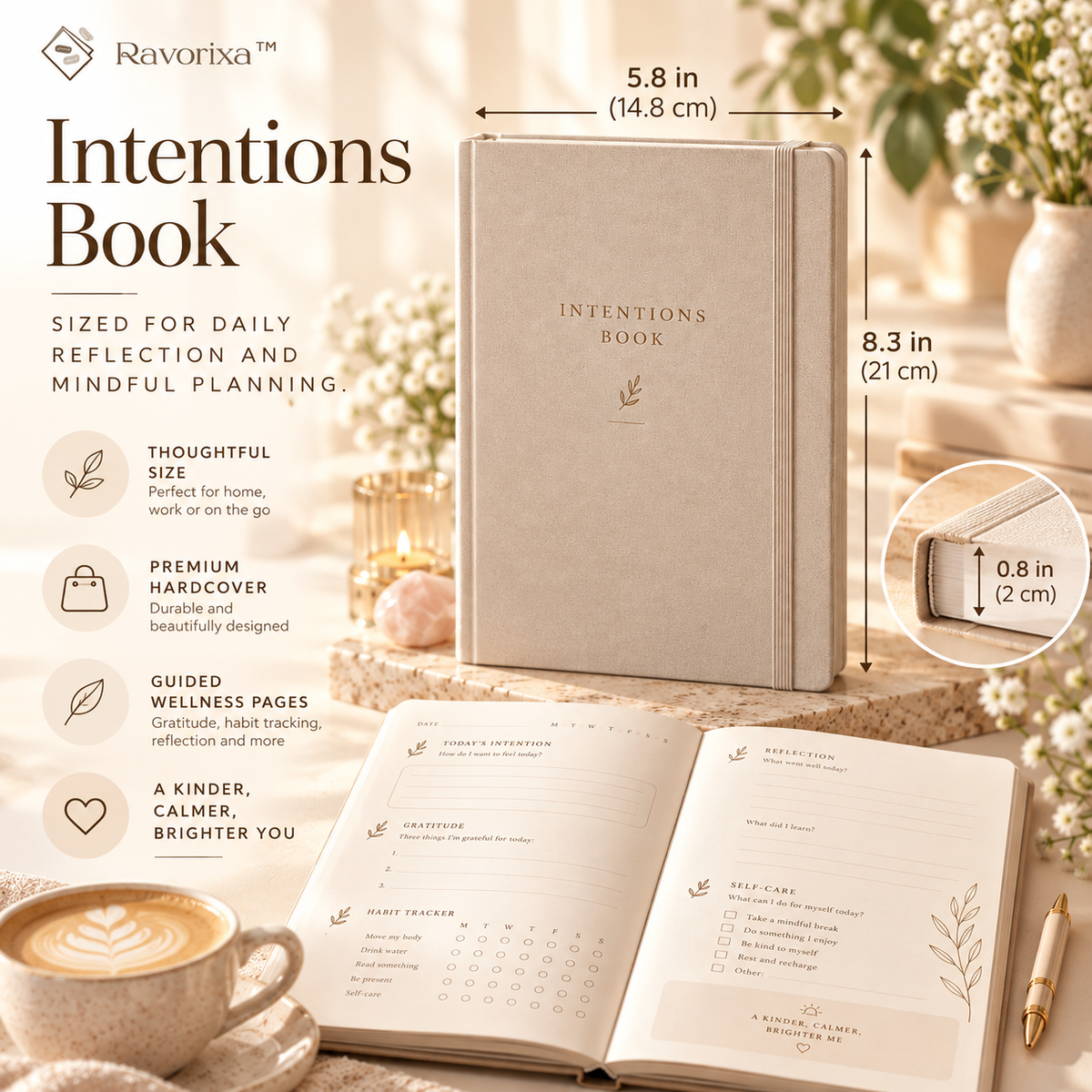 Ravorixa™ Intentions Book – Minimalist Guided Wellness Journal, Daily Gratitude Planner with Habit Tracker, Reflection Prompts & Self-Care Pages