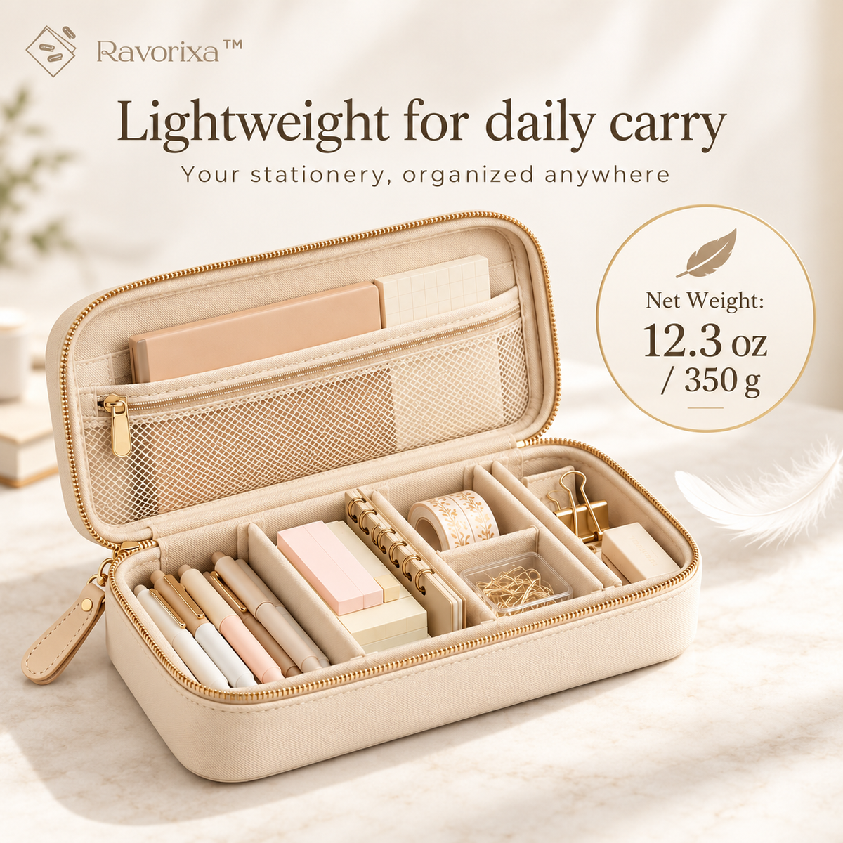 Ravorixa™ Atelier Carry – Elegant Portable Stationery Organizer, Premium Zippered Desk Accessories Storage Case with Adjustable Dividers for Journaling & Travel