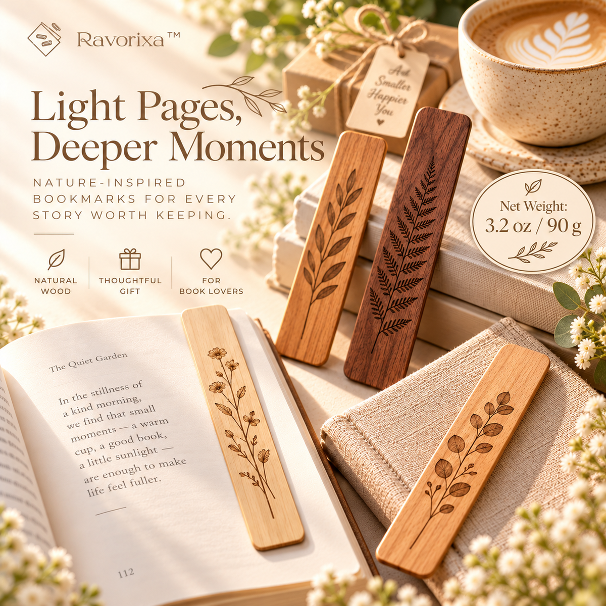 Ravorixa™ Flora Mark – Botanical Engraved Wooden Bookmark Set of 4, Minimalist Nature-Inspired Page Markers for Books, Journals & Thoughtful Gifts