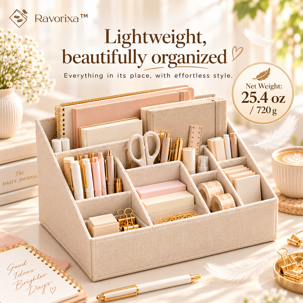 Ravorixa™ Linen Nest – Premium Fabric Desktop Organizer, Minimalist Multi-Compartment Stationery Storage Box for Office Supplies, Journals & Creative Tools