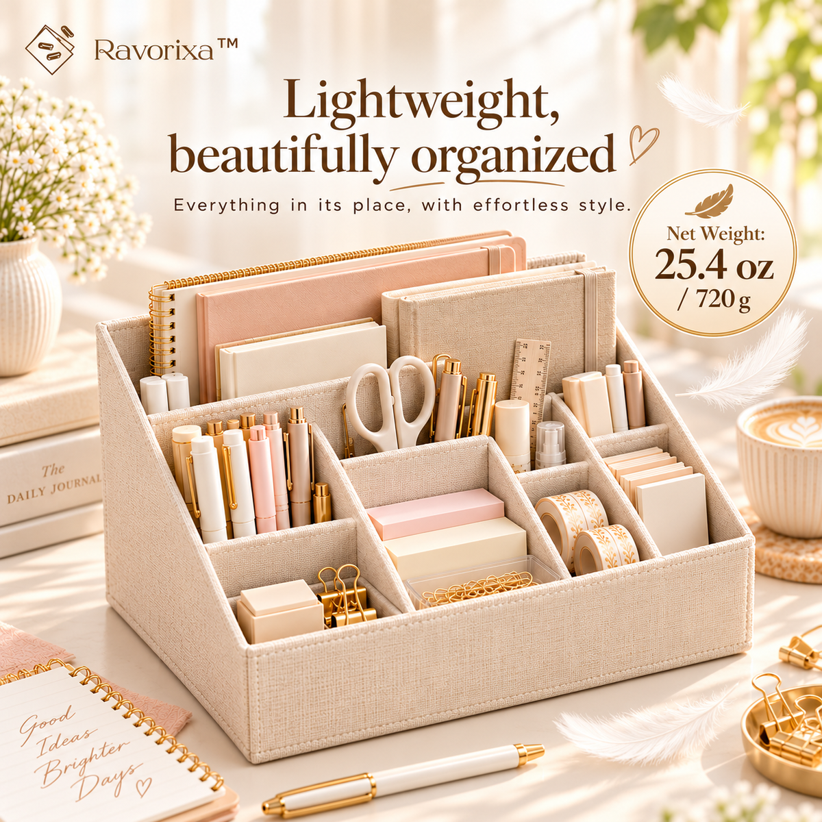 Ravorixa™ Linen Nest – Premium Fabric Desktop Organizer, Minimalist Multi-Compartment Stationery Storage Box for Office Supplies, Journals & Creative Tools