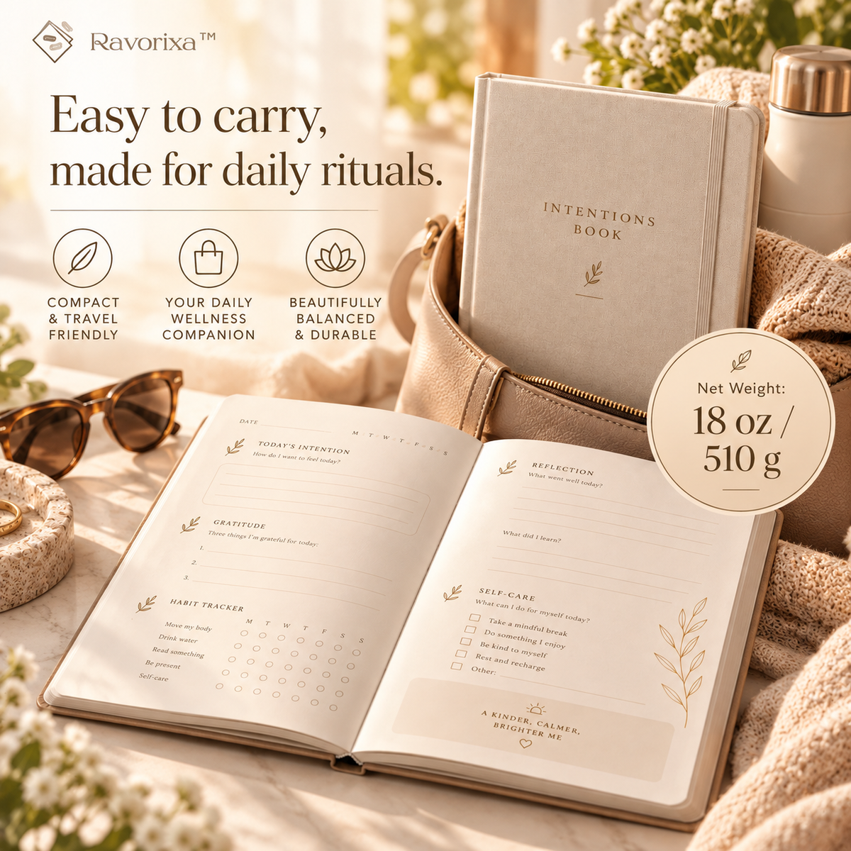 Ravorixa™ Intentions Book – Minimalist Guided Wellness Journal, Daily Gratitude Planner with Habit Tracker, Reflection Prompts & Self-Care Pages