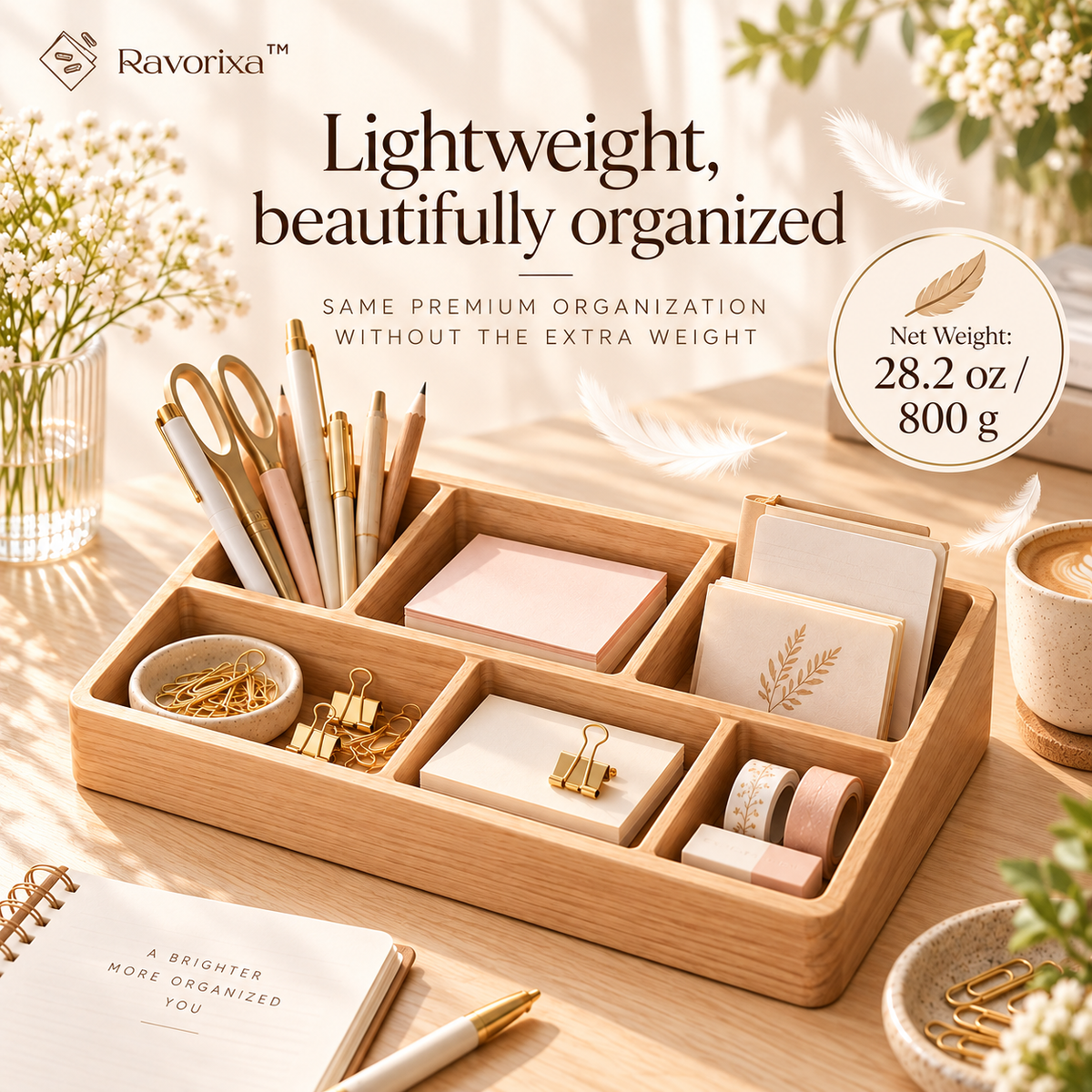 Ravorixa™ Willow Tray – Minimalist Wooden Desk Organizer, Natural Wood Stationery Storage Tray for Pens, Sticky Notes, Paper Clips & Home Office Accessories