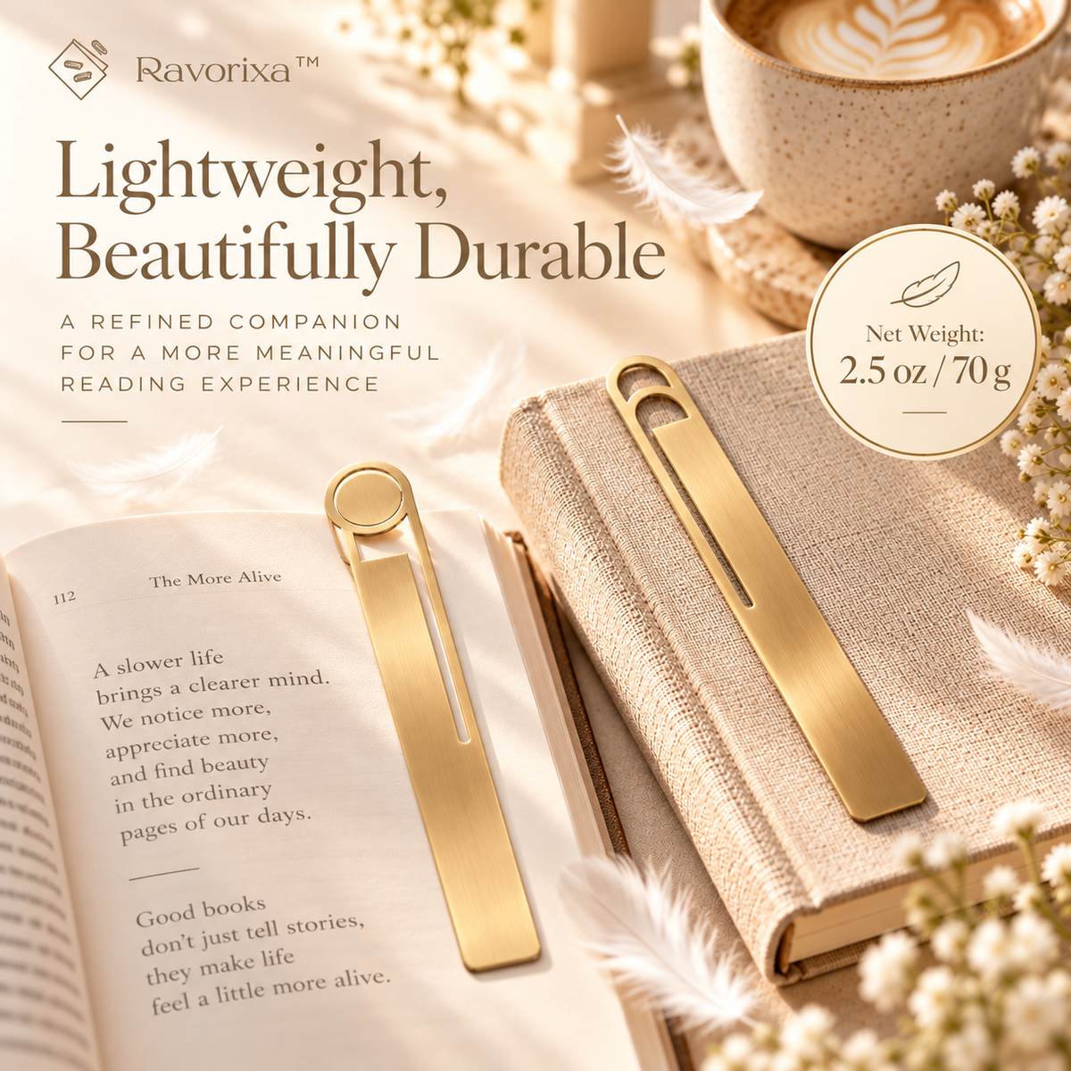Ravorixa™ Aurelia Page – Elegant Brushed Brass Bookmark Set of 2, Minimalist Metal Page Markers with Slim Geometric Design for Reading & Journaling