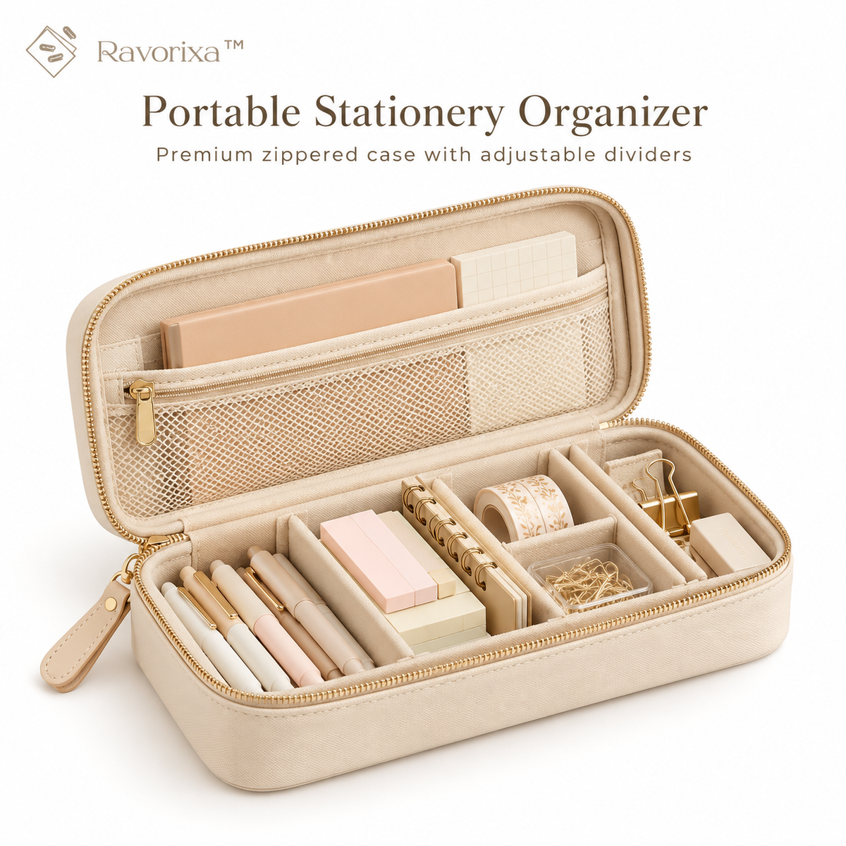 Ravorixa™ Atelier Carry – Elegant Portable Stationery Organizer, Premium Zippered Desk Accessories Storage Case with Adjustable Dividers for Journaling & Travel