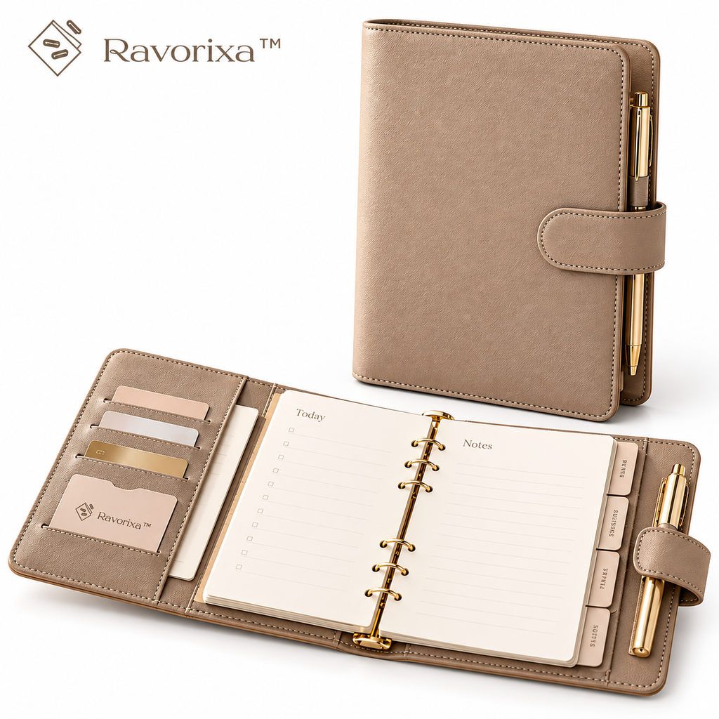 Ravorixa™ Studio Agenda – Premium A5 Refillable Planner, Elegant Faux Leather Notebook Organizer with Card Pockets & Pen Loop for Business & Travel