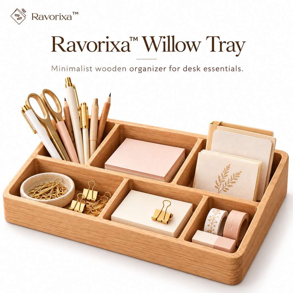 Ravorixa™ Willow Tray – Minimalist Wooden Desk Organizer, Natural Wood Stationery Storage Tray for Pens, Sticky Notes, Paper Clips & Home Office Accessories