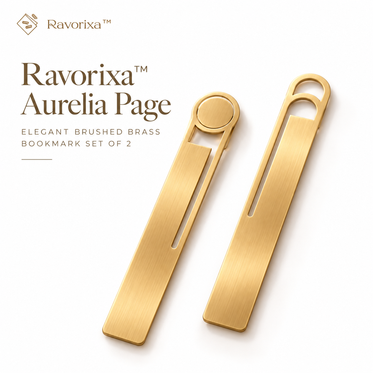 Ravorixa™ Aurelia Page – Elegant Brushed Brass Bookmark Set of 2, Minimalist Metal Page Markers with Slim Geometric Design for Reading & Journaling