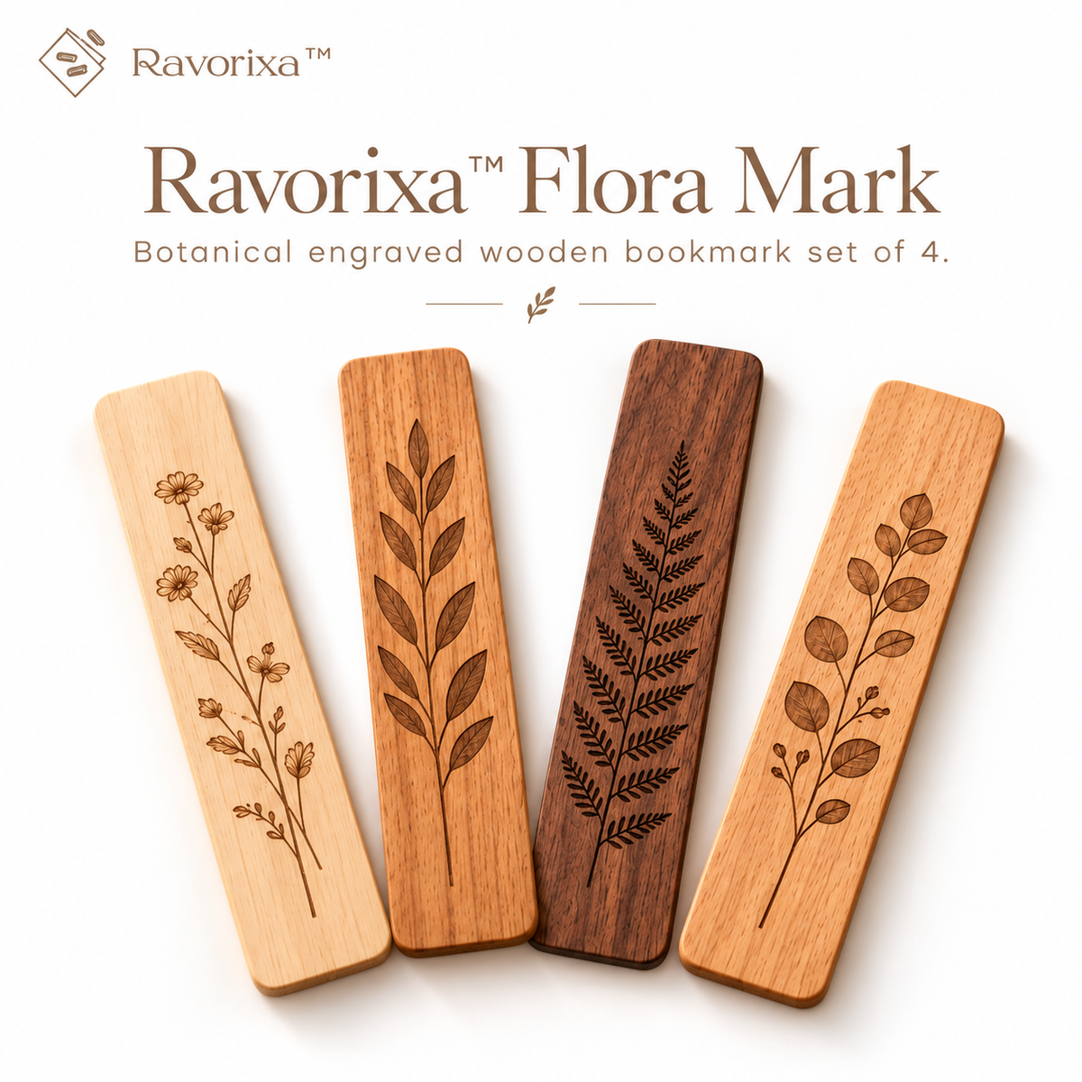 Ravorixa™ Flora Mark – Botanical Engraved Wooden Bookmark Set of 4, Minimalist Nature-Inspired Page Markers for Books, Journals & Thoughtful Gifts