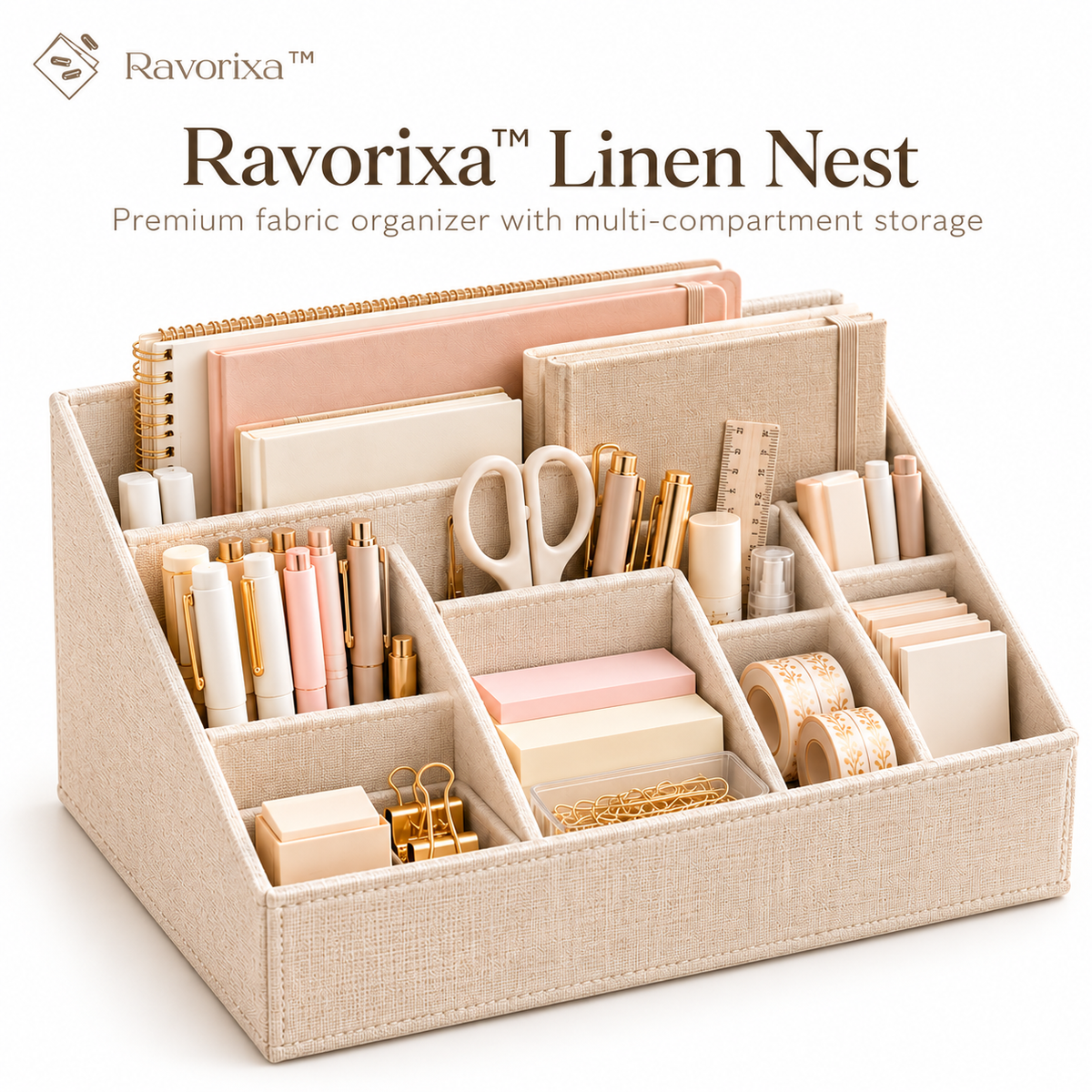 Ravorixa™ Linen Nest – Premium Fabric Desktop Organizer, Minimalist Multi-Compartment Stationery Storage Box for Office Supplies, Journals & Creative Tools