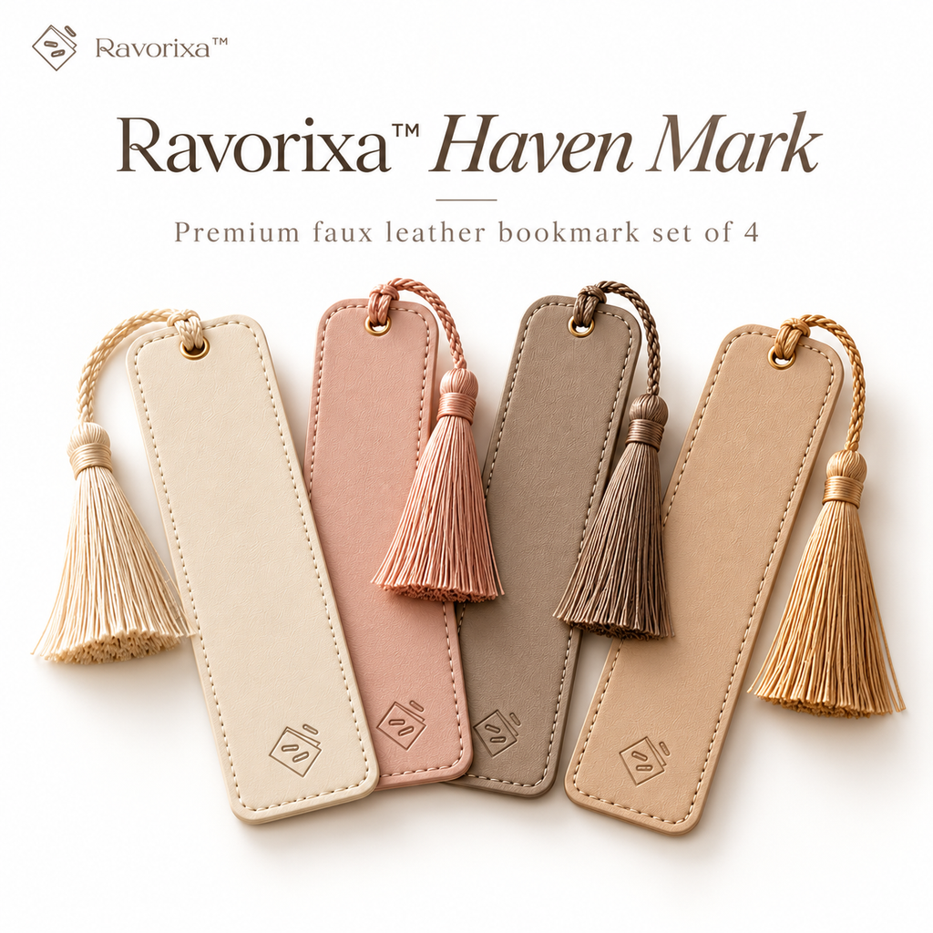 Ravorixa™ Haven Mark – Premium Faux Leather Bookmark Set of 4, Minimalist Neutral-Tone Page Holders with Tassel Detail for Readers & Book Lovers