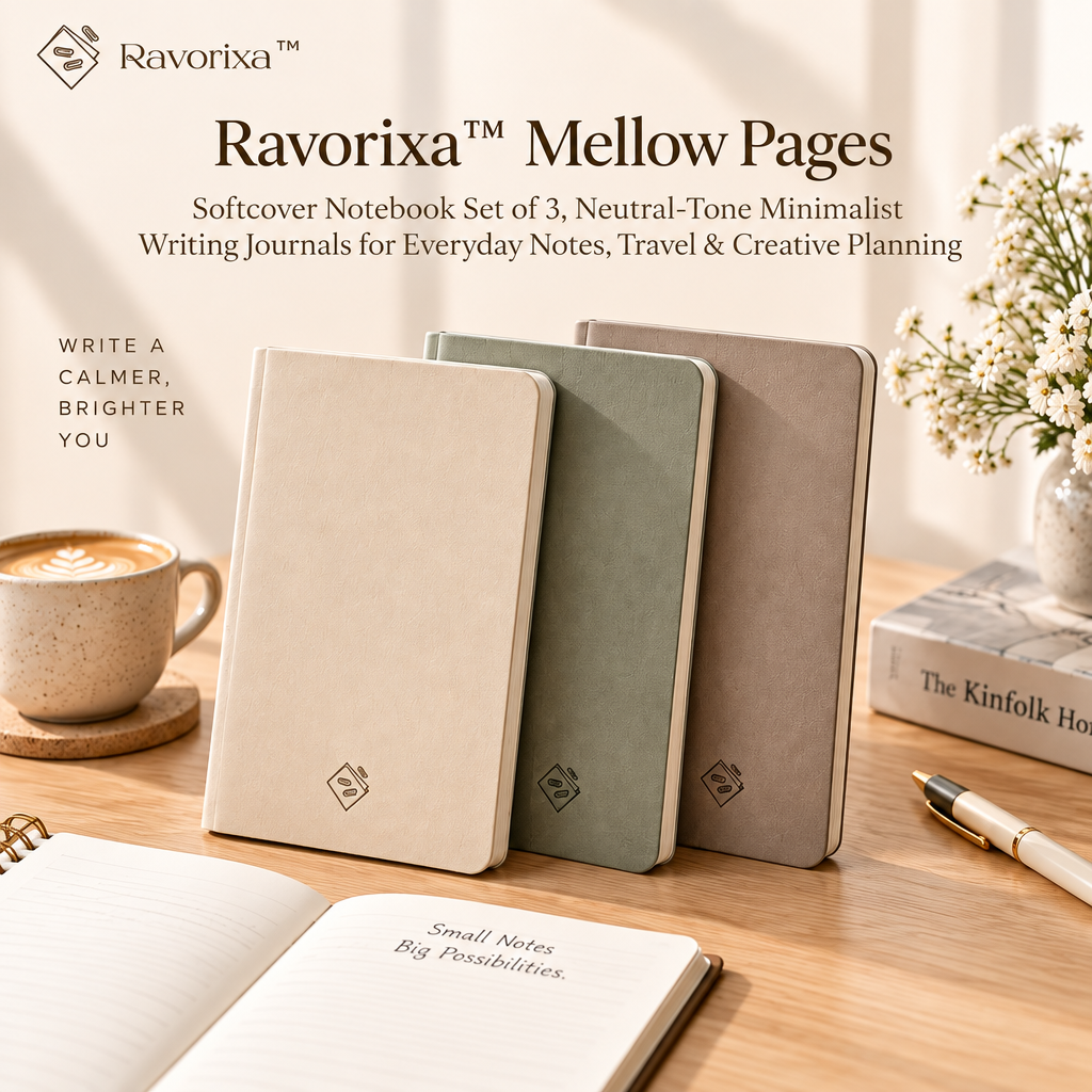 Ravorixa™ Mellow Pages – Softcover Notebook Set of 3, Neutral-Tone Minimalist Writing Journals for Everyday Notes, Travel & Creative Planning