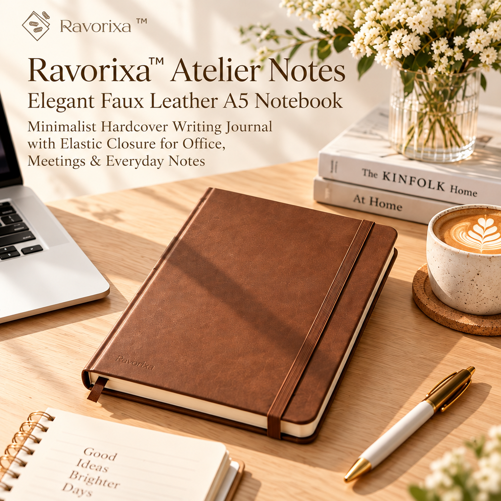 Ravorixa™ Atelier Notes – Elegant Faux Leather A5 Notebook, Minimalist Hardcover Writing Journal with Elastic Closure for Office, Meetings & Everyday Notes