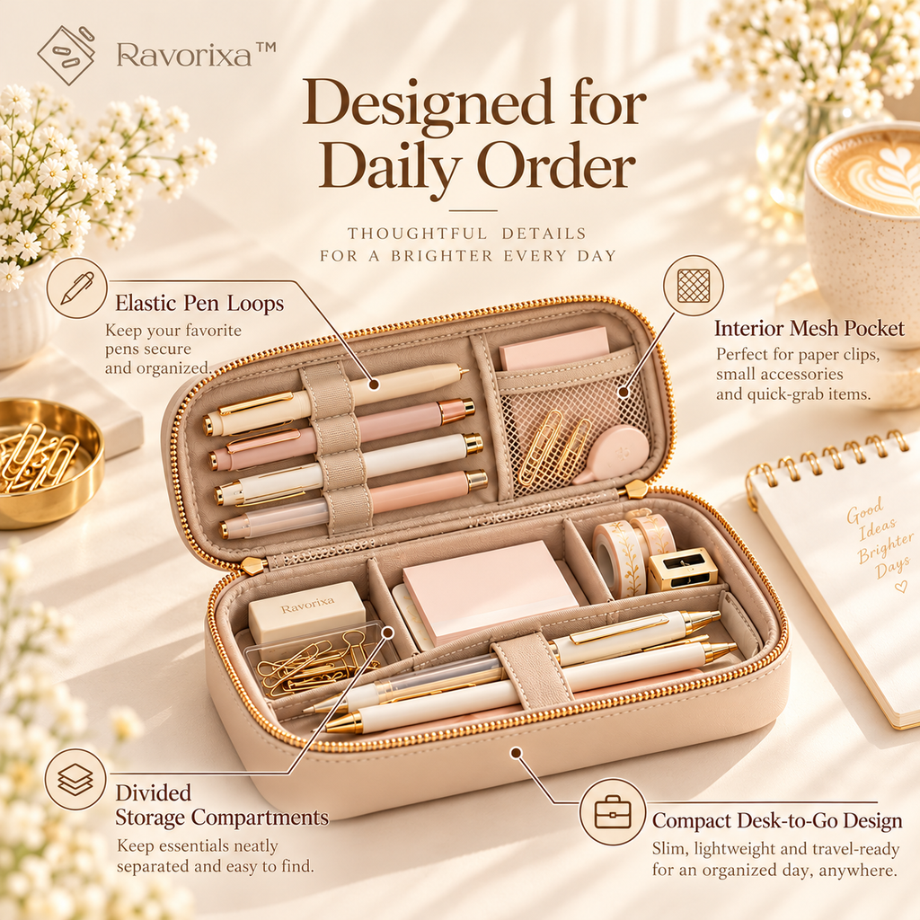 Ravorixa™ Forma Case – Premium Faux Leather Pencil Case, Minimalist Zippered Stationery Organizer with Interior Compartments for Pens, Pencils & Desk Essentials