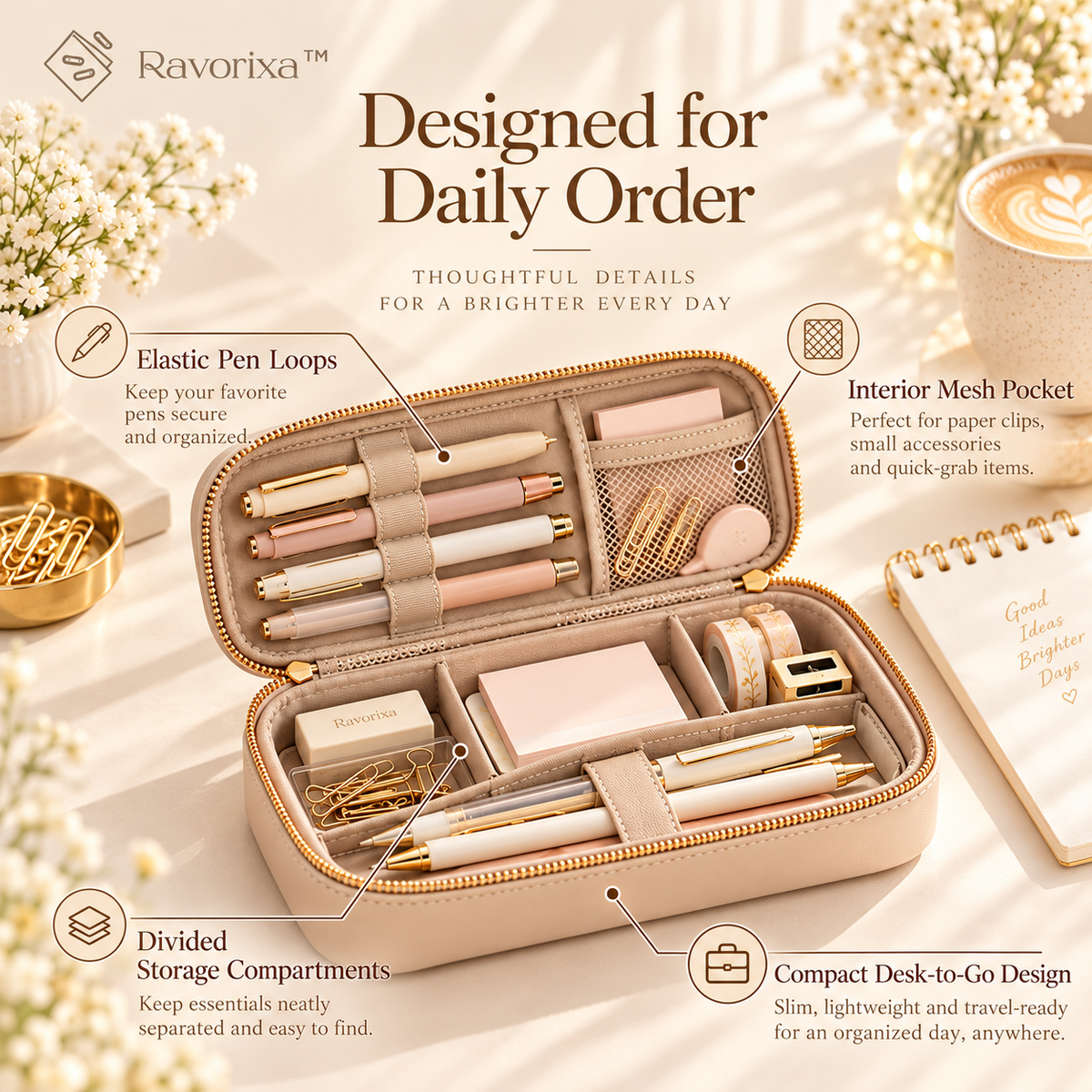 Ravorixa™ Forma Case – Premium Faux Leather Pencil Case, Minimalist Zippered Stationery Organizer with Interior Compartments for Pens, Pencils & Desk Essentials
