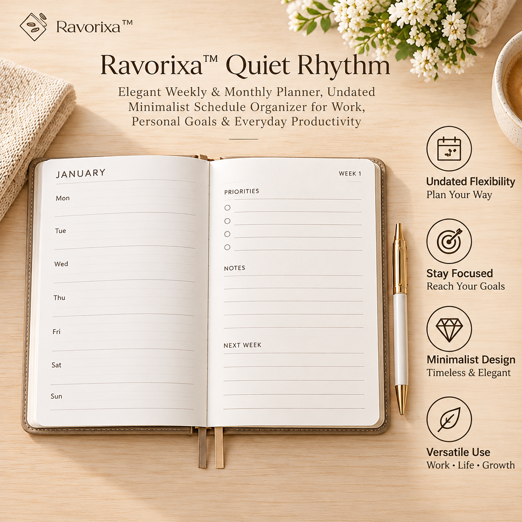 Ravorixa™ Quiet Rhythm – Elegant Weekly & Monthly Planner, Undated Minimalist Schedule Organizer for Work, Personal Goals & Everyday Productivity