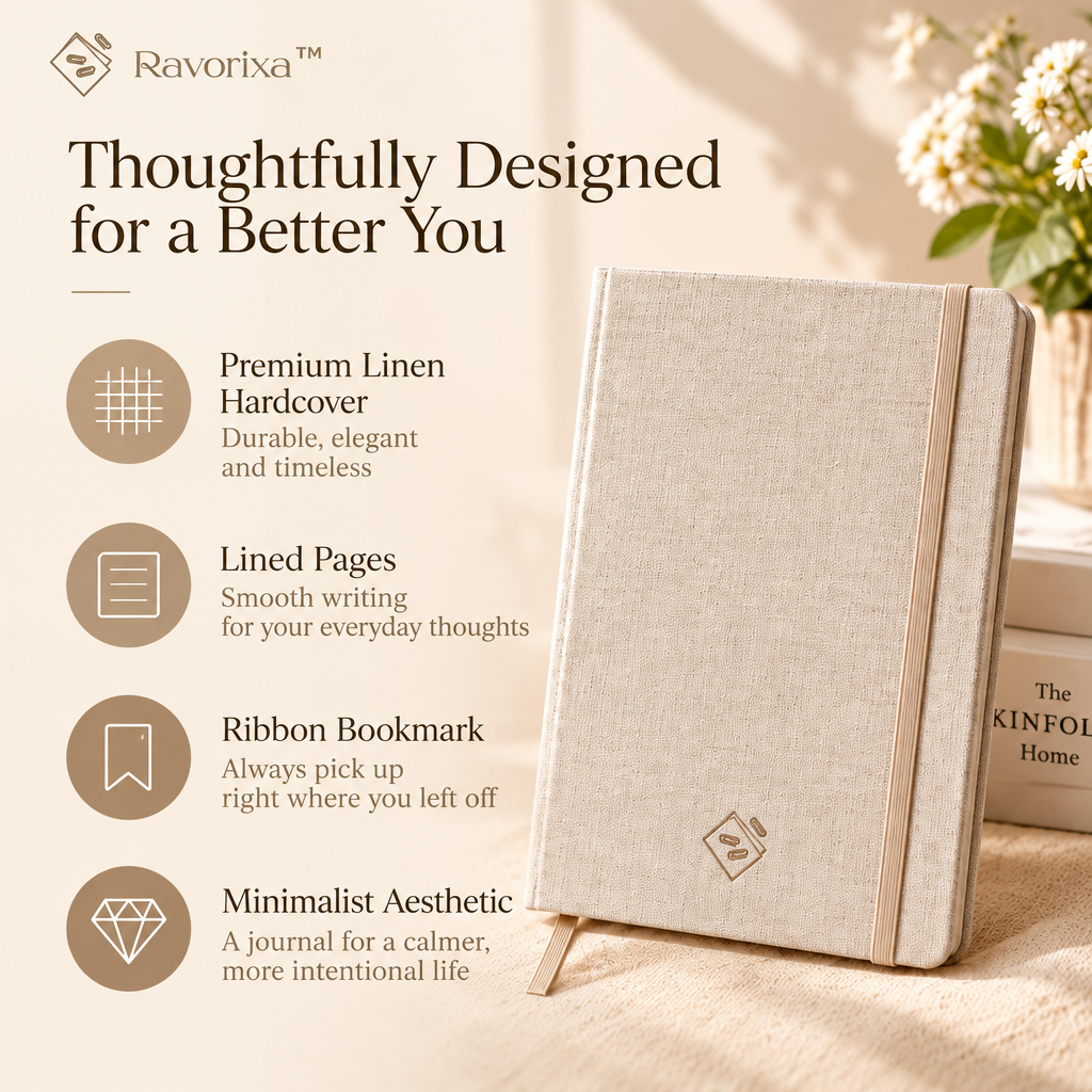 Ravorixa™ Solenne Journal – Premium Linen Hardcover Notebook, Minimalist A5 Lined Writing Journal with Ribbon Bookmark for Work, Study & Daily Reflections