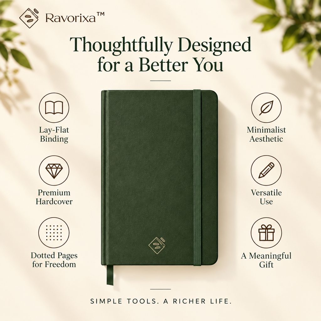 Ravorixa™ Stillwood Journal – Minimalist Lay-Flat Dotted Notebook, Premium Hardcover Bullet Journal for Creative Writing, Sketching & Personal Organization