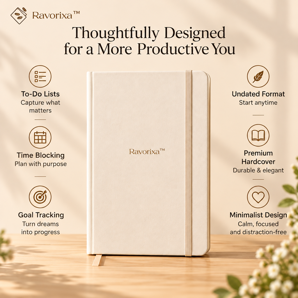 Ravorixa™ Dayform Planner – Premium Undated Daily Planner, Minimalist Hardcover Productivity Journal with To-Do Lists, Time Blocking & Goal Tracking