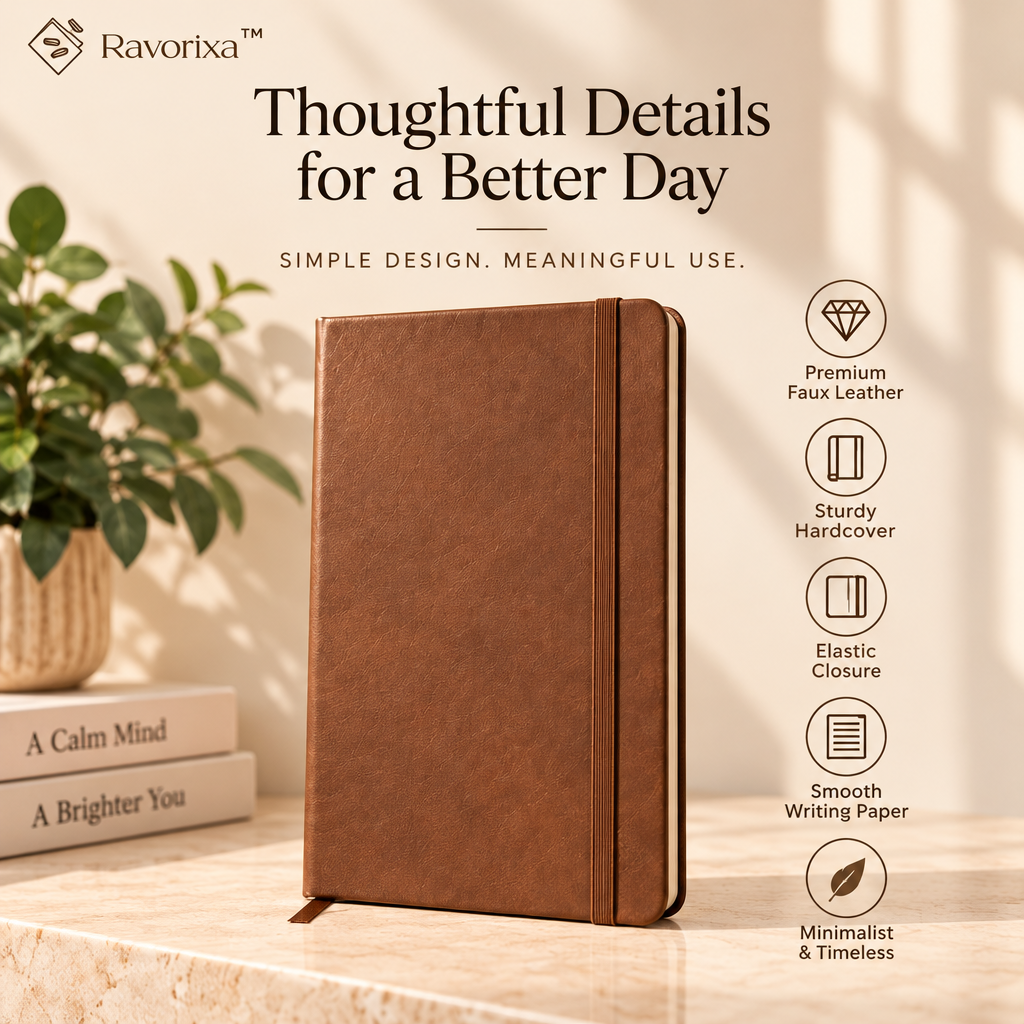 Ravorixa™ Atelier Notes – Elegant Faux Leather A5 Notebook, Minimalist Hardcover Writing Journal with Elastic Closure for Office, Meetings & Everyday Notes