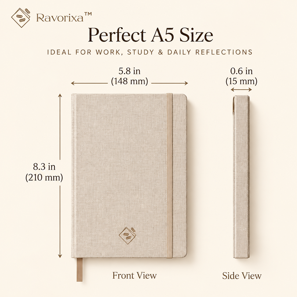 Ravorixa™ Solenne Journal – Premium Linen Hardcover Notebook, Minimalist A5 Lined Writing Journal with Ribbon Bookmark for Work, Study & Daily Reflections