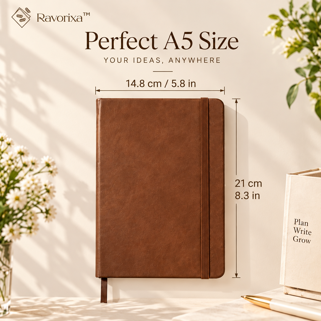 Ravorixa™ Atelier Notes – Elegant Faux Leather A5 Notebook, Minimalist Hardcover Writing Journal with Elastic Closure for Office, Meetings & Everyday Notes